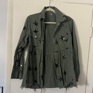 Olive Green Star-Patterned Women's Jacket